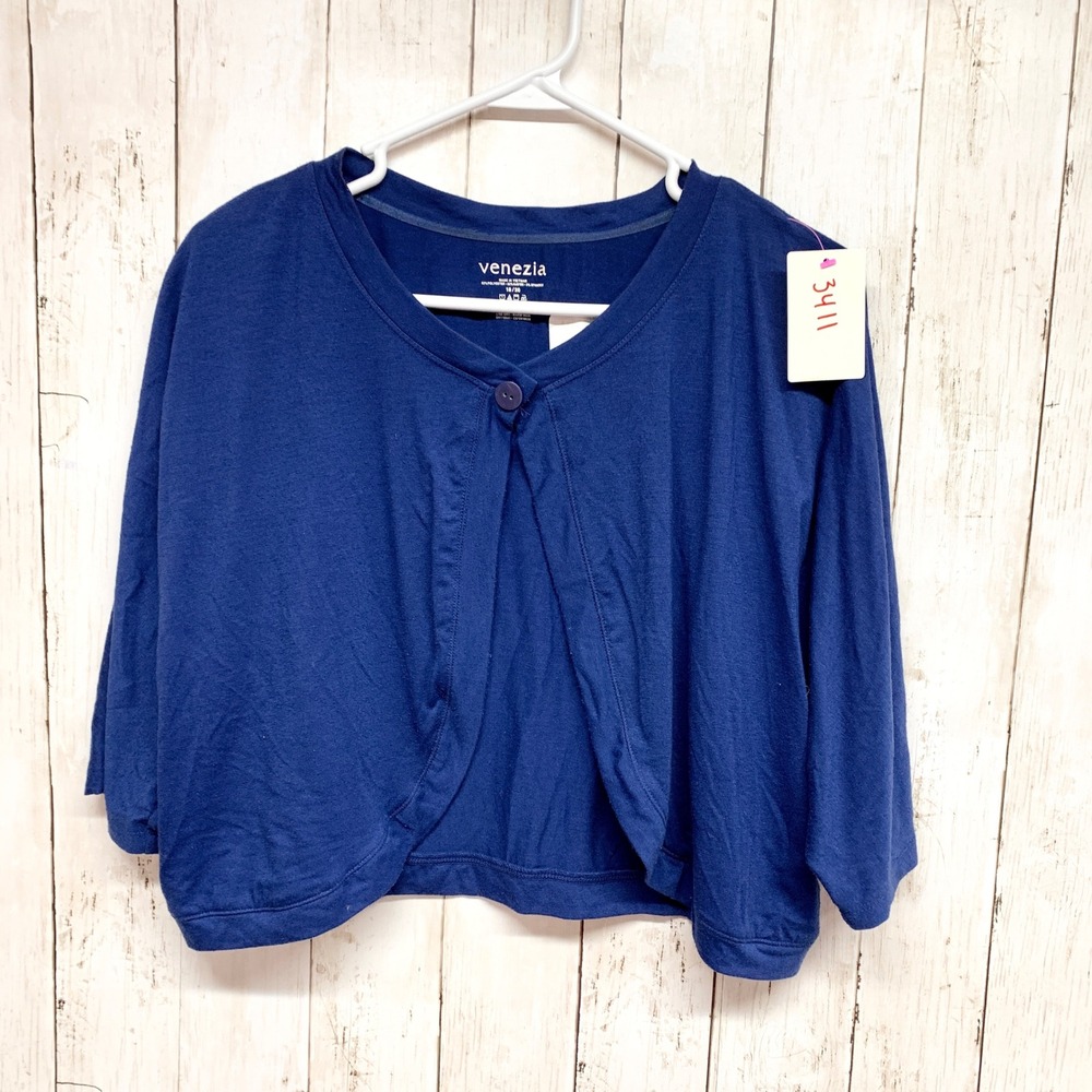 Venezia Cropped Shrug Cardigan Women Sz 18/20 Blue 3/4 Sleeve Jersey Rayon Blend